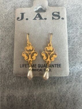 Gold Filigree Drop Earrings with Pearl Teardrops by